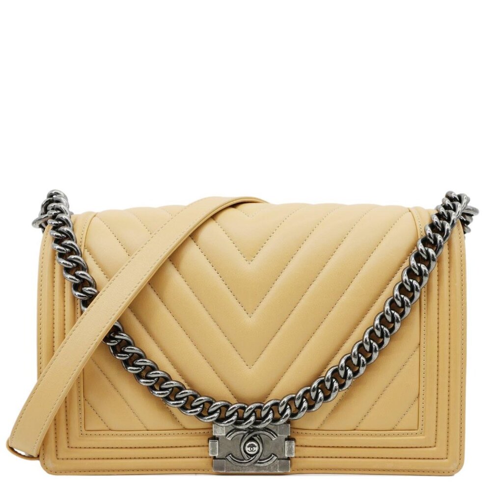 Chanel  Boy Flap Medium Chevron Calfskin Leather Chain Shoulder Bag Beige